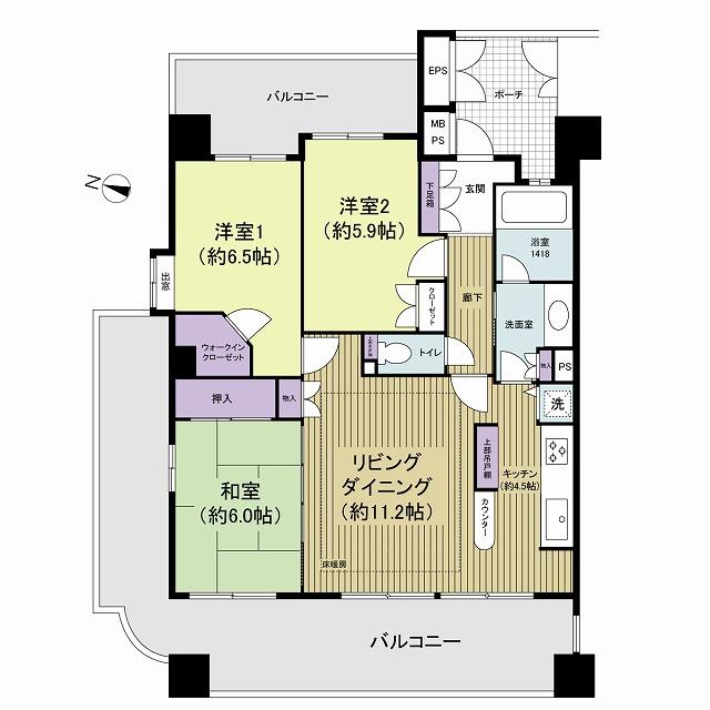 Floor plan. 3LDK, Price 34,800,000 yen, Occupied area 76.01 sq m , Balcony area 36.02 sq m