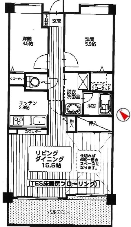 Floor plan. 2LDK, Price 16.5 million yen, Occupied area 59.79 sq m , Balcony area 9.02 sq m