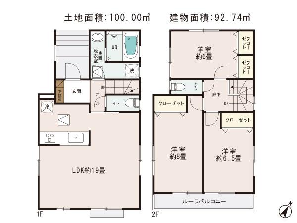 Floor plan. (1 Building), Price 31,900,000 yen, 3LDK, Land area 100 sq m , Building area 92.74 sq m