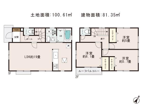 Floor plan. (Building 2), Price 29,800,000 yen, 3LDK, Land area 100.61 sq m , Building area 81.35 sq m