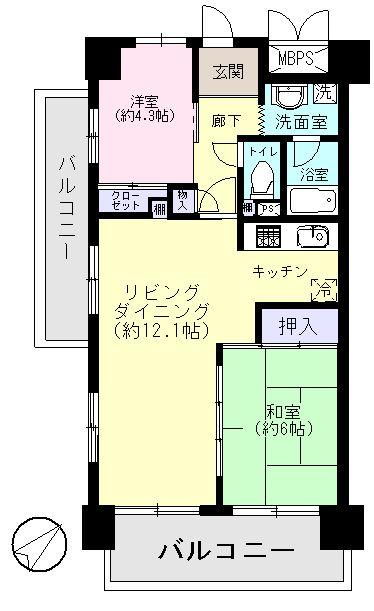 Floor plan. 2LDK, Price 17.8 million yen, Occupied area 57.12 sq m , Balcony area 14.19 sq m