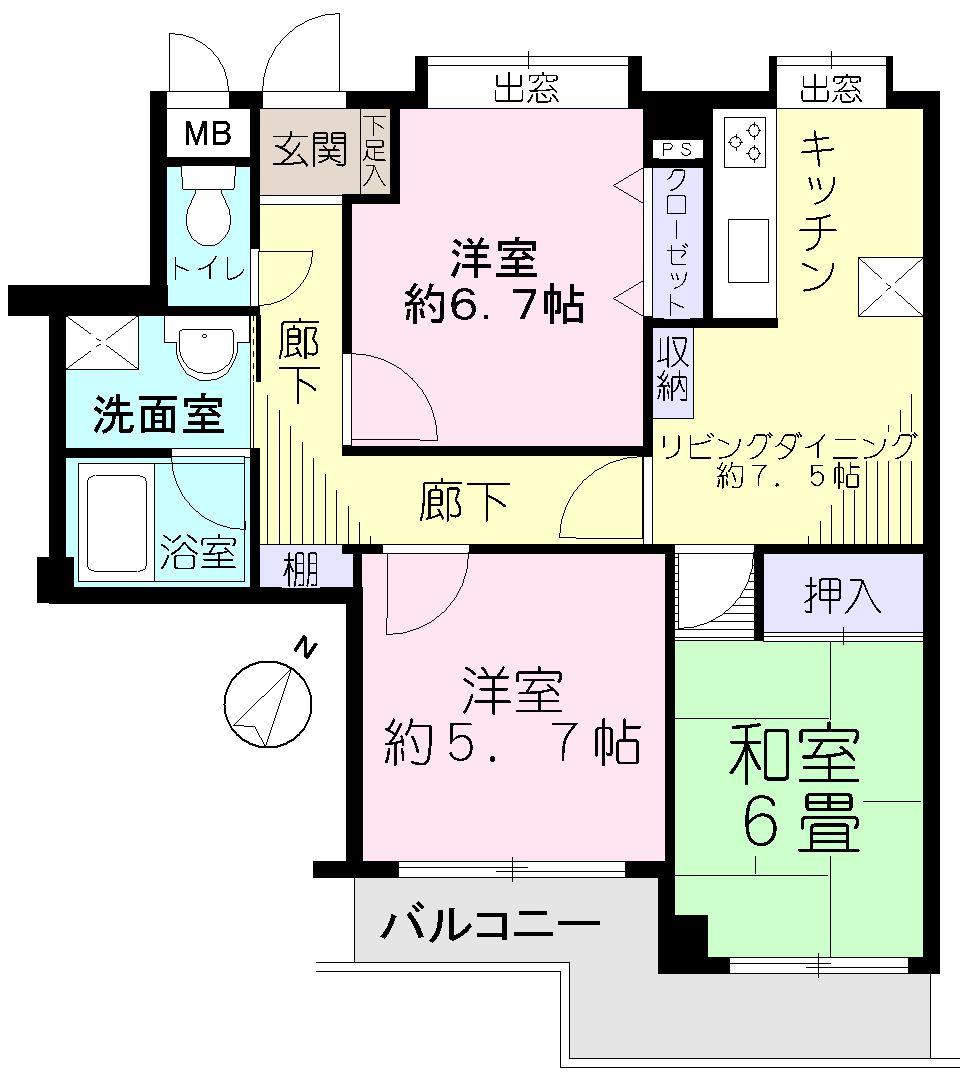 Floor plan. 3LDK, Price 18,800,000 yen, Occupied area 64.23 sq m , Balcony area 7 sq m