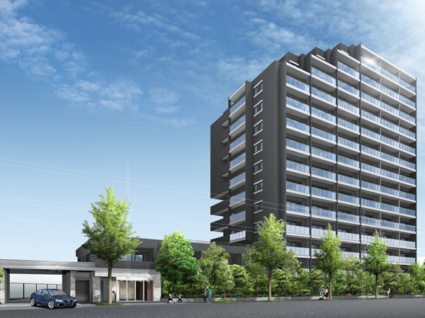 Buildings and facilities. The ground 14-story residence to become a new landmark of Shinshibamata. Appearance was based on black tile and glass handrail, And white tiles of the balcony part weave a simple adopted a stylish design. Entrance also together is the residence of the face, Insist the sophisticated living. (Exterior view)