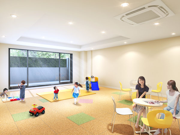 Buildings and facilities. Prepare a "meeting room and a children's room," I'm happy to raise children on the first floor building. Overlooking the green out of the window, In the bright and refreshing interior space, With peace of mind you can freely play the children. Also children with each other and mother living in the same apartment, It is also used public facilities as a dad who of communication of field. (Assembly room and a children's room Rendering)