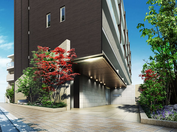 Buildings and facilities. Entrance approach, To harmonize the streets of the quiet residential area, Color in rich planting, We produce as a space that calm air drifts. (Entrance approach Rendering)