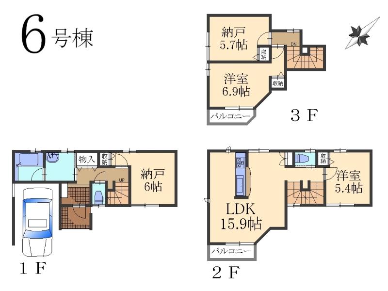 Floor plan. (6 Building), Price 39,800,000 yen, 2LDK+2S, Land area 67.54 sq m , Building area 100.4 sq m