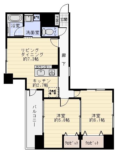 Floor plan. 2LDK, Price 19,800,000 yen, Occupied area 55.07 sq m , Balcony area 6.46 sq m angle dwelling unit. Balcony of privacy is also planning reserved.