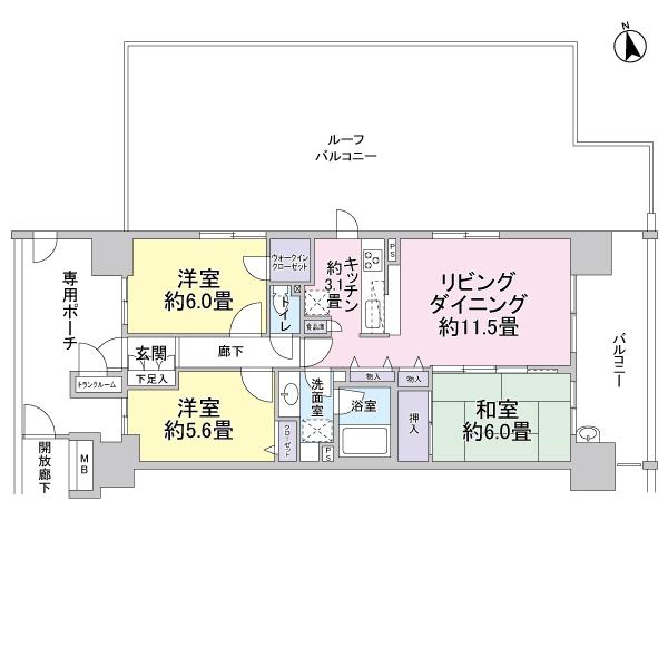 Floor plan. 3LDK, Price 34,300,000 yen, Occupied area 70.87 sq m , Between the balcony area 14.3 sq m floor plan