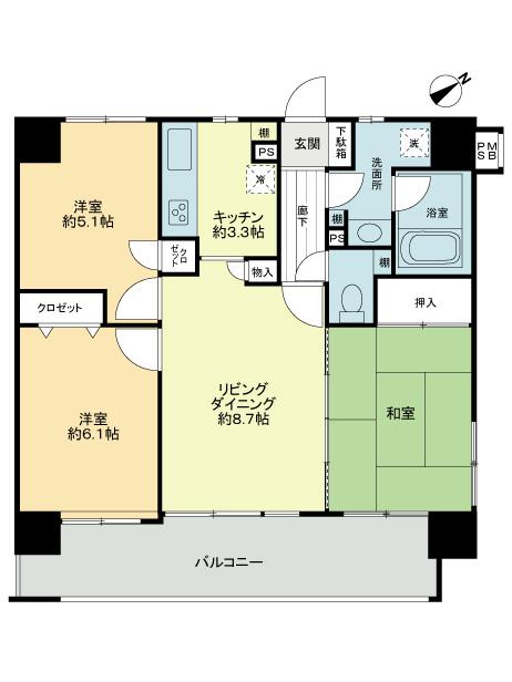 Floor plan. 3LDK, Price 23,300,000 yen, Footprint 63.6 sq m , On the balcony area 11.3 sq m balcony is living and two of the living room screen corner room of the room.