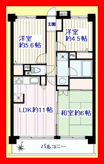 Floor plan. 3LDK, Price 26,800,000 yen, Occupied area 60.13 sq m , Balcony area 8.94 sq m per good yang