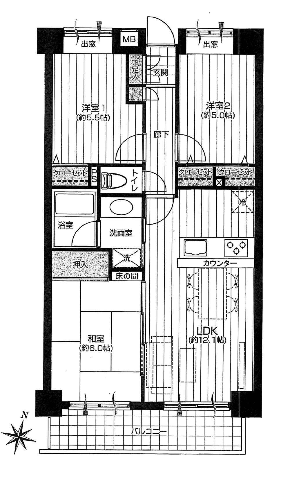 Floor plan. 3LDK, Price 19.9 million yen, Occupied area 60.32 sq m , Equipment and enhancement on the balcony area 7.7 sq m interior renovation! Face-to-face system kitchen water purifier visceral faucet ・ Bathroom Dryer ・ Shower toilet