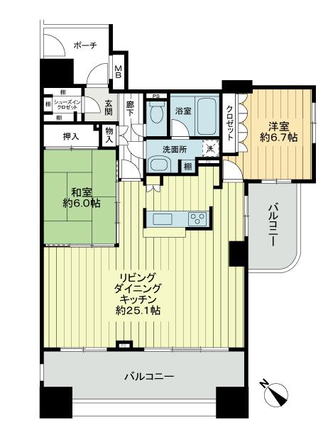 Floor plan. 2LDK, Price 29,800,000 yen, Footprint 81 sq m , Balcony area 21.14 sq m southwest angle room Per yang ・ View is good