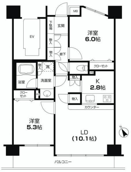 Floor plan. 2LDK, Price 23,700,000 yen, Footprint 55.3 sq m , Balcony area 7.53 sq m