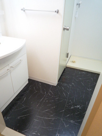 Washroom. Indoor Laundry Storage. The floor of the wash room was tones and black