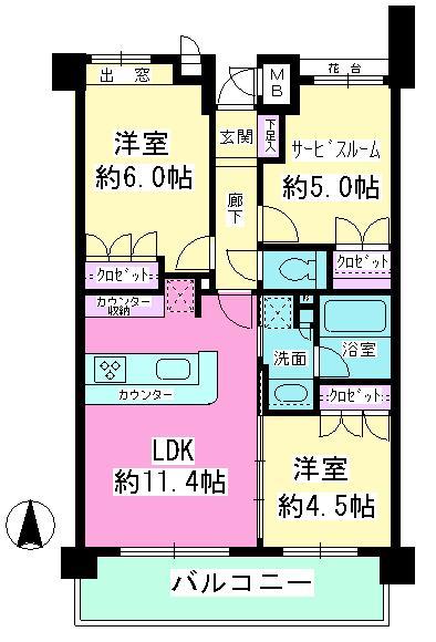 Floor plan. 2LDK + S (storeroom), Price 23,900,000 yen, Occupied area 57.91 sq m , Balcony area 9 sq m