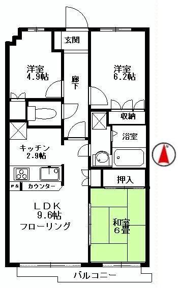 Floor plan. 3LDK, Price 24,800,000 yen, Occupied area 61.95 sq m , Balcony area 6.97 sq m