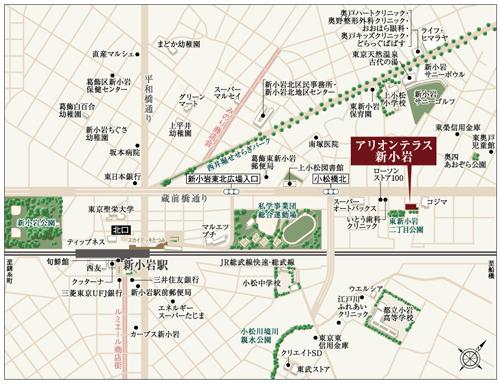 Local guide map. Parks and educational facilities, convenience store, A variety of facilities such as supermarkets aligned within walking distance, Convenient and easy to live living environment. "Shinjuku" ・ It allows direct access to the "Tokyo" station, Commute ・ School also comfortable! (Local guide map)