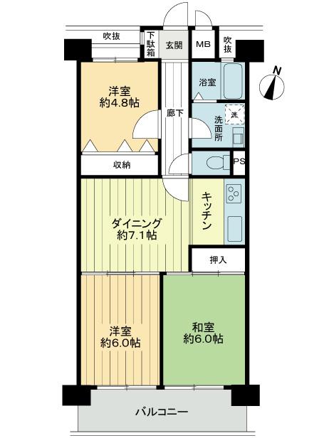 Floor plan. 3DK, Price 13.8 million yen, Occupied area 59.05 sq m , Room balcony area 8.1 sq m 3DK has been renovated from the system kitchen to wallpaper, It is a very beautiful state.