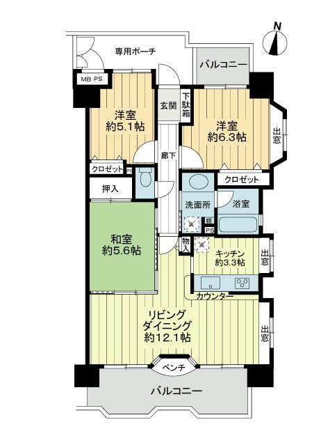 Floor plan. 3LDK, Price 25,800,000 yen, Occupied area 70.27 sq m , Balcony area 14.99 sq m