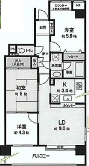Floor plan. 3LDK, Price 18.5 million yen, Occupied area 64.83 sq m , Balcony area 9.75 sq m