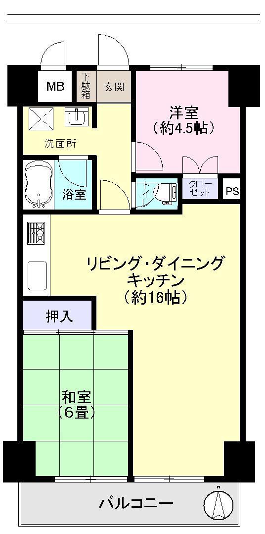 Floor plan. 2LDK, Price 17 million yen, Footprint 57.4 sq m , Balcony area 6.72 sq m