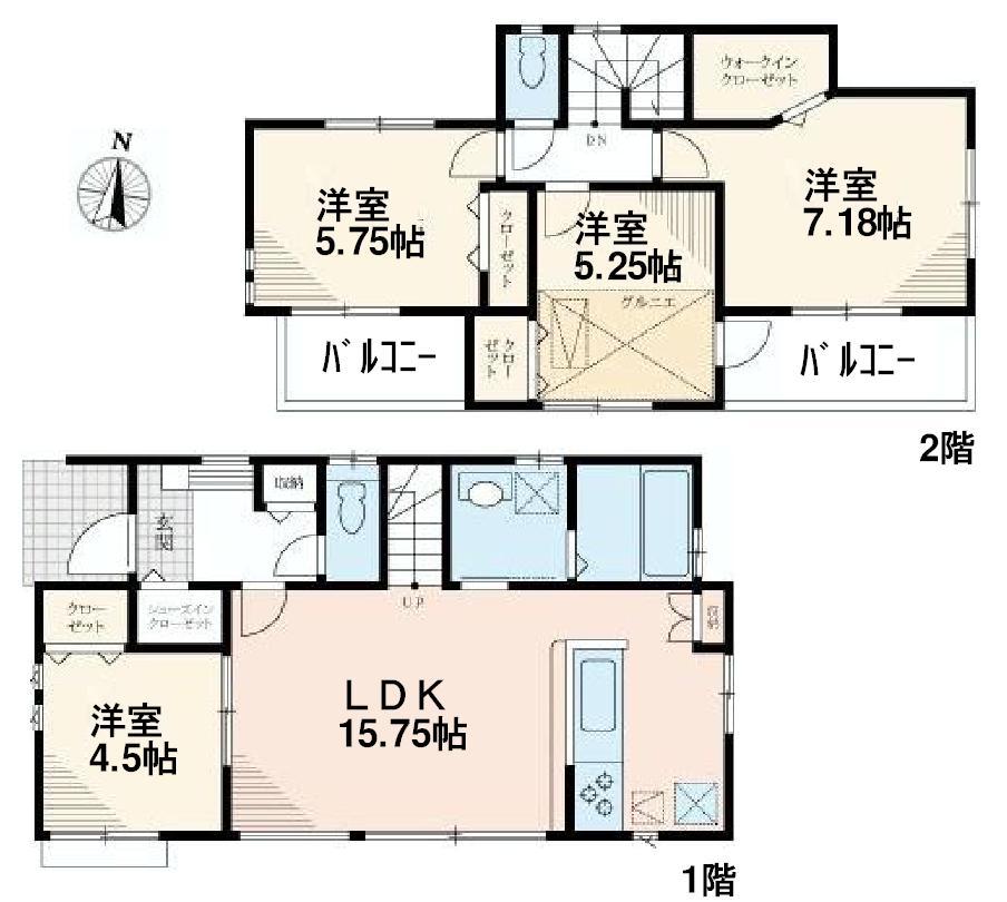 Floor plan. (Building 2), Price 32,800,000 yen, 4LDK, Land area 121.29 sq m , Building area 92.12 sq m
