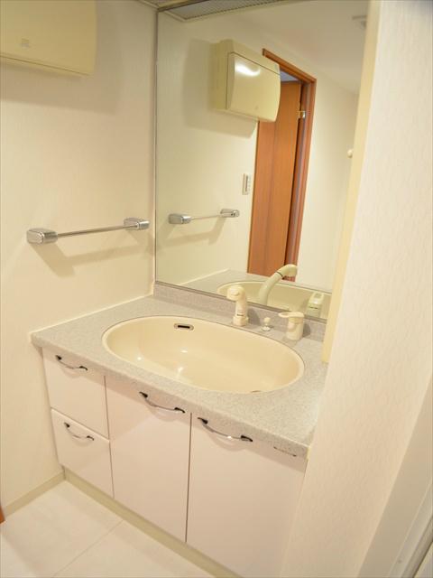 Wash basin, toilet. Wash basin of a large single mirror