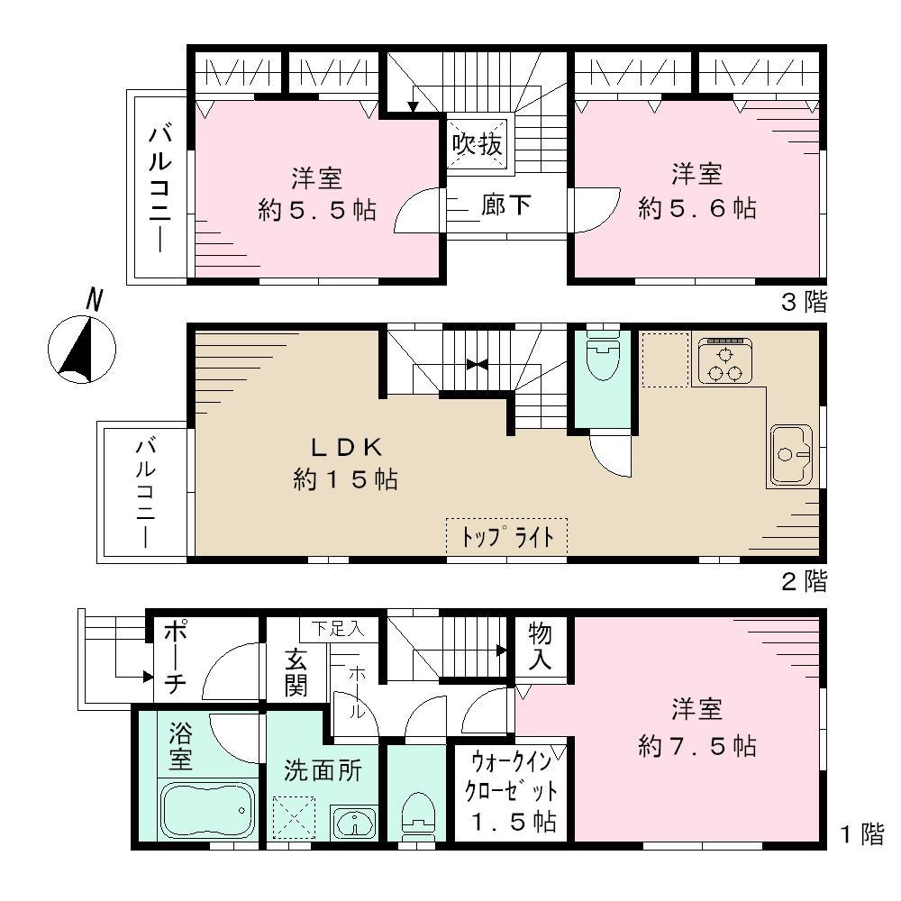 Floor plan. 26,800,000 yen, 3LDK, Land area 64.07 sq m , Building area 75.51 sq m