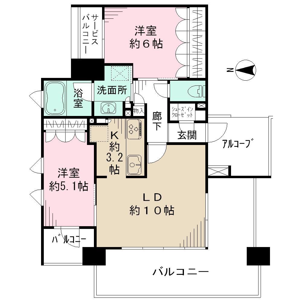 Floor plan. 2LDK, Price 26,800,000 yen, Occupied area 57.45 sq m , Balcony area 22.16 sq m