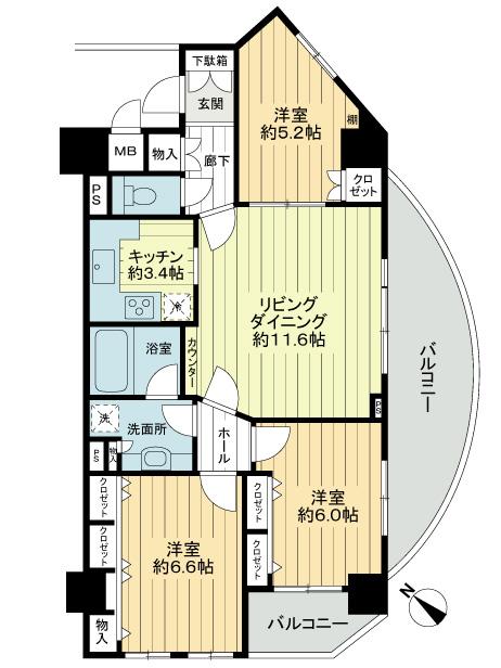Floor plan. 3LDK, Price 34,800,000 yen, Occupied area 75.31 sq m , Balcony area 15.79 sq m 3 direction angle room, 3LDK