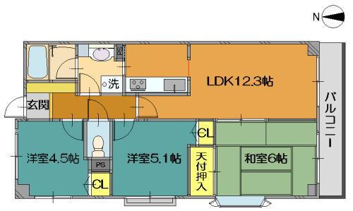 Floor plan. 3LDK, Price 16 million yen, Occupied area 61.99 sq m , Balcony area 7.7 sq m