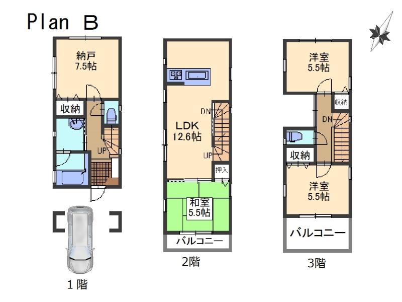 Floor plan. (B Building), Price 39,800,000 yen, 4LDK, Land area 57.12 sq m , Building area 95.85 sq m