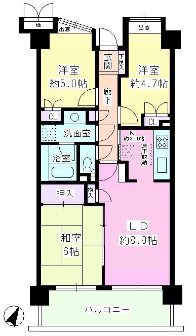 Floor plan. 3LDK, Price 19,800,000 yen, Footprint 62.5 sq m , Balcony area 9.54 sq m