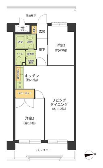 Floor plan. 2LDK, Price 17.8 million yen, Occupied area 50.49 sq m , Balcony area 7.24 sq m