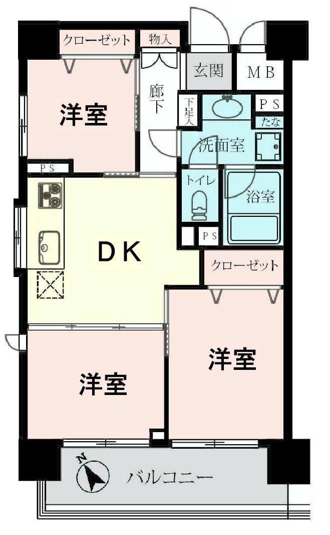 Floor plan. 3DK, Price 19,800,000 yen, Occupied area 53.89 sq m , Balcony area 8.7 sq m