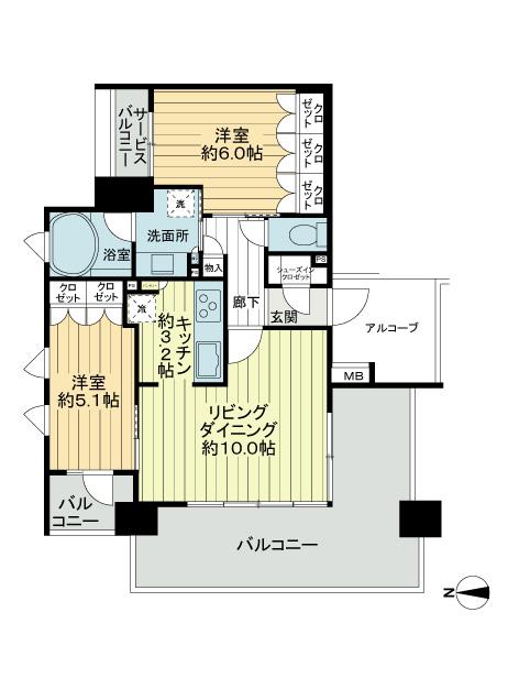 Floor plan. 2LDK, Price 26,800,000 yen, Occupied area 57.45 sq m , Balcony area 22.16 sq m