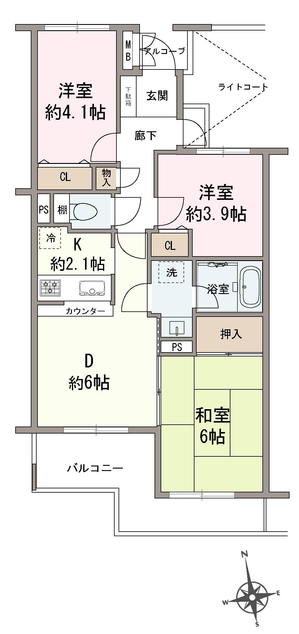 Floor plan. 3DK, Price 14.8 million yen, Occupied area 54.92 sq m , Balcony area 8.45 sq m