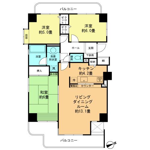 Floor plan. 3LDK, Price 19,800,000 yen, Occupied area 76.94 sq m , Balcony area 16.23 sq m