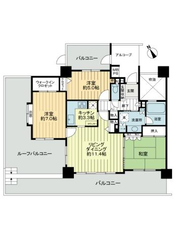 Floor plan. 3LDK, Price 34,800,000 yen, Occupied area 76.93 sq m , Roof balcony of balcony area 30.93 sq m southwest 76.93 sq m (28.49 sq m) ・ Balcony (30.93 sq m) ・ Alcove is a floor plan of (6.57 sq m) with 3LDK.