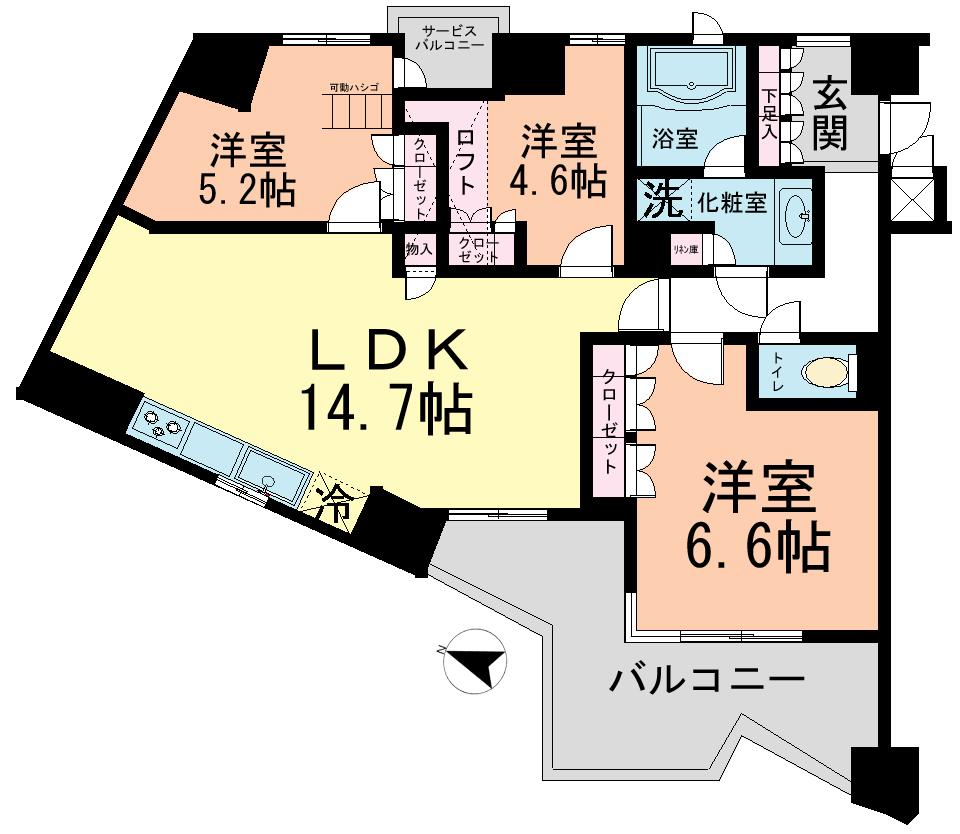 Floor plan. 3LDK, Price 33,800,000 yen, Occupied area 72.28 sq m , Balcony area 12.66 sq m