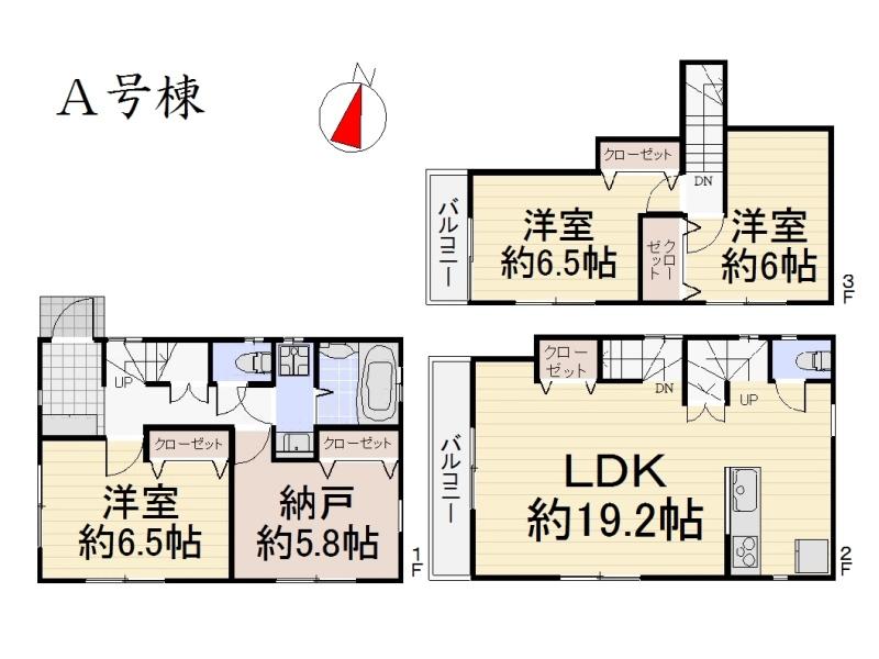 Floor plan. (A Building), Price 42,700,000 yen, 3LDK+S, Land area 64.32 sq m , Building area 102.54 sq m