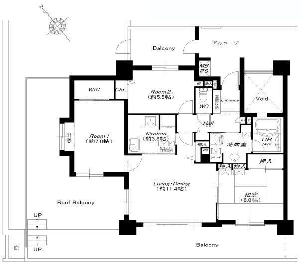 Floor plan. 3LDK, Price 34,800,000 yen, Occupied area 76.93 sq m , Balcony area 22.68 sq m