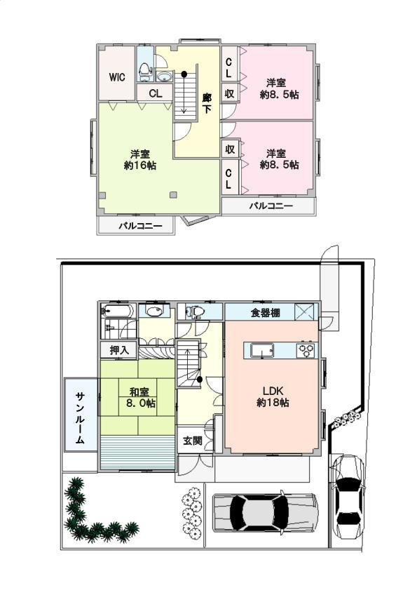 Floor plan. 64,800,000 yen, 4LDK + S (storeroom), Land area 191.58 sq m , Building area 160.56 sq m large 4LDK Two garage