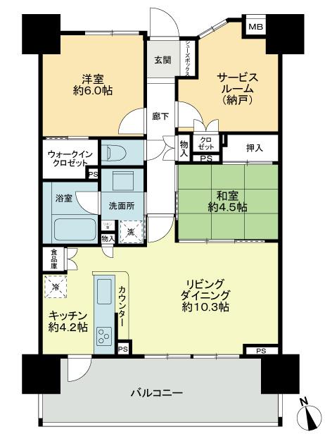 Floor plan. 2LDK + S (storeroom), Price 28 million yen, Occupied area 68.34 sq m , Balcony area 14.3 sq m kitchen is the floor plan facing the balcony.