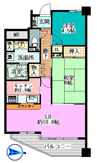 Floor plan. 2LDK, Price 10.8 million yen, Occupied area 55.87 sq m , Balcony area 6.57 sq m