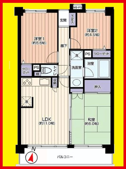 Floor plan. 3LDK, Price 26,800,000 yen, Occupied area 60.13 sq m , Balcony area 8.94 sq m