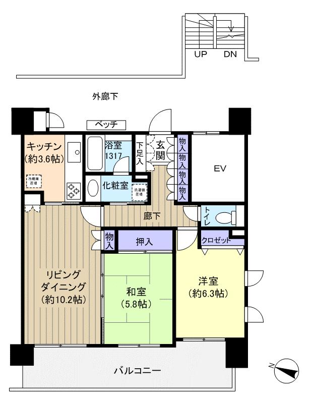 Floor plan. 2LDK, Price 20.8 million yen, Occupied area 62.21 sq m , Balcony area 14.45 sq m
