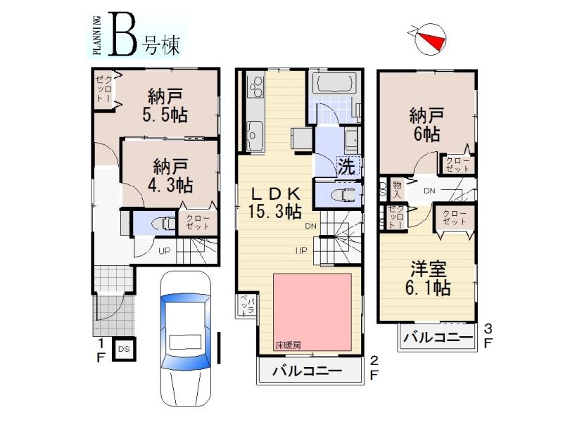 Floor plan. (B Building), Price 37,800,000 yen, 1LDK+3S, Land area 60.06 sq m , Building area 98.85 sq m