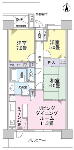Floor plan. 3LDK, Price 27,200,000 yen, Occupied area 75.32 sq m , Kitchen with a back door door facing the balcony area 13.1 sq m south
