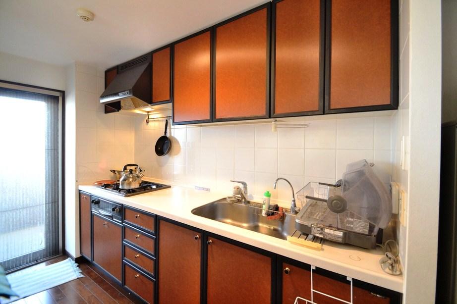 Kitchen. The south side of the counter kitchen with a back door door